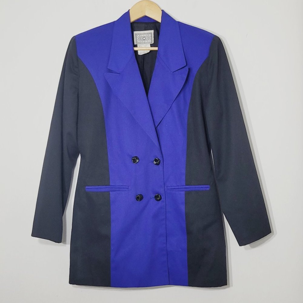 Vintage Editions Lifestyle Blue Black Color Block Retro Long Blazer 90's 80's